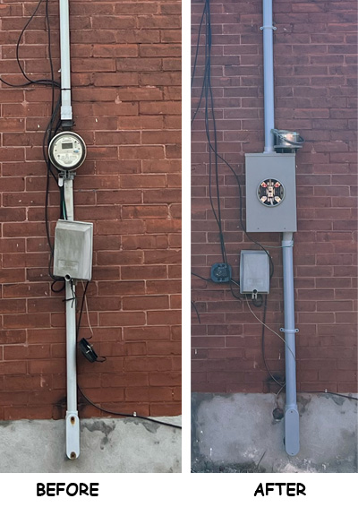 Before and after electrical service upgrade — old meter base and mast replaced with modern code-compliant installation by Inline Electric