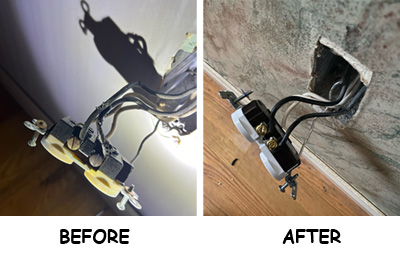 Before and after aluminum wiring repair — old knob-and-tube connections replaced with modern wiring