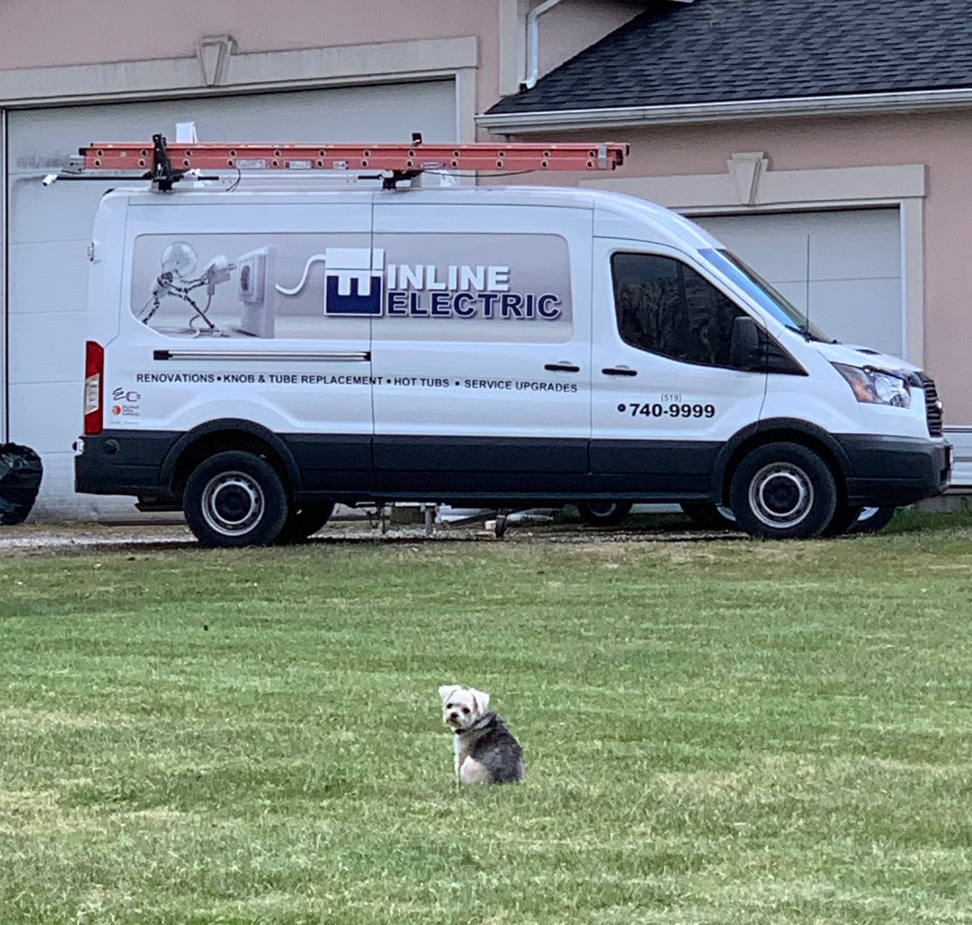 Inline Electric branded service van parked at a customer's home with a friendly dog on the lawn