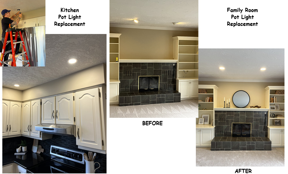Pot light installation before and after — kitchen and family room recessed LED lighting replacement by Inline Electric