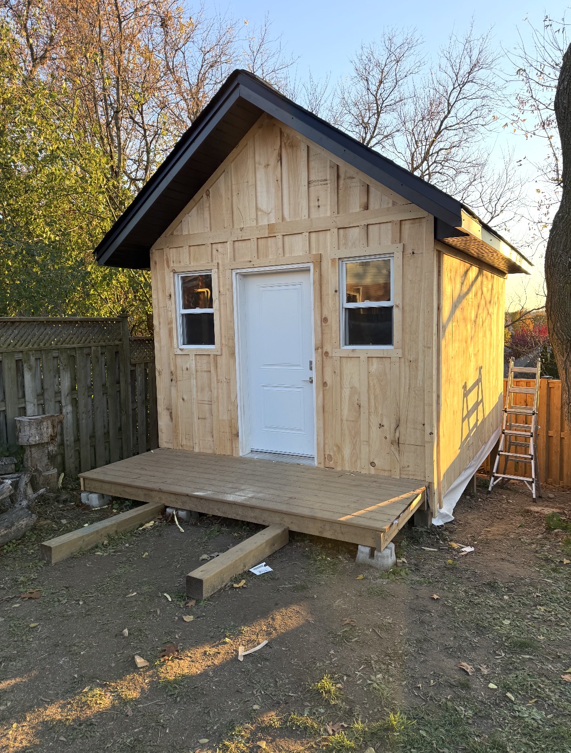 Shed build stage 5 — finished exterior with board-and-batten siding